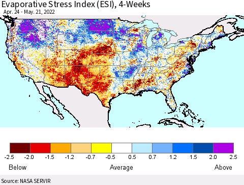 United States Evaporative Stress Index (ESI), 4-Weeks Thematic Map For 5/16/2022 - 5/22/2022