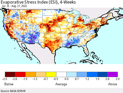 United States Evaporative Stress Index (ESI), 4-Weeks Thematic Map For 8/22/2022 - 8/28/2022