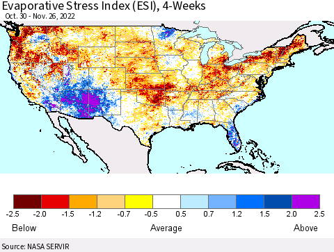 United States Evaporative Stress Index (ESI), 4-Weeks Thematic Map For 11/21/2022 - 11/27/2022