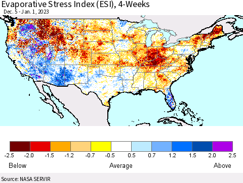 United States Evaporative Stress Index (ESI), 4-Weeks Thematic Map For 12/26/2022 - 1/1/2023