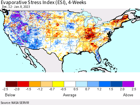 United States Evaporative Stress Index (ESI), 4-Weeks Thematic Map For 1/2/2023 - 1/8/2023