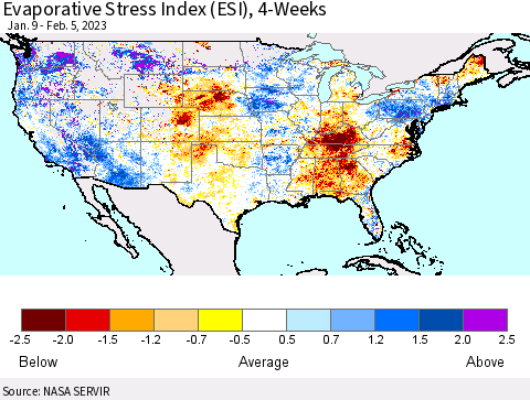 United States Evaporative Stress Index (ESI), 4-Weeks Thematic Map For 1/30/2023 - 2/5/2023