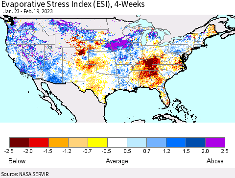 United States Evaporative Stress Index (ESI), 4-Weeks Thematic Map For 2/13/2023 - 2/19/2023