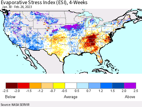 United States Evaporative Stress Index (ESI), 4-Weeks Thematic Map For 2/20/2023 - 2/26/2023