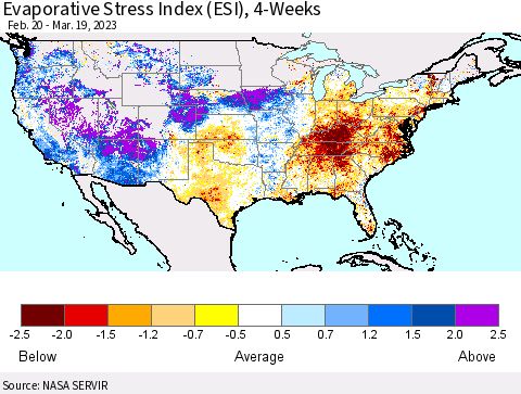 United States Evaporative Stress Index (ESI), 4-Weeks Thematic Map For 3/13/2023 - 3/19/2023
