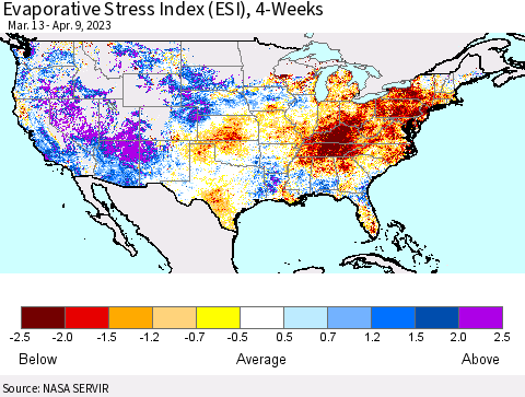 United States Evaporative Stress Index (ESI), 4-Weeks Thematic Map For 4/3/2023 - 4/9/2023