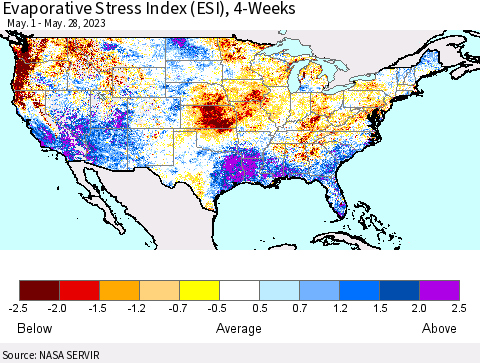 United States Evaporative Stress Index (ESI), 4-Weeks Thematic Map For 5/22/2023 - 5/28/2023