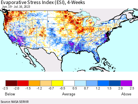 United States Evaporative Stress Index (ESI), 4-Weeks Thematic Map For 7/10/2023 - 7/16/2023