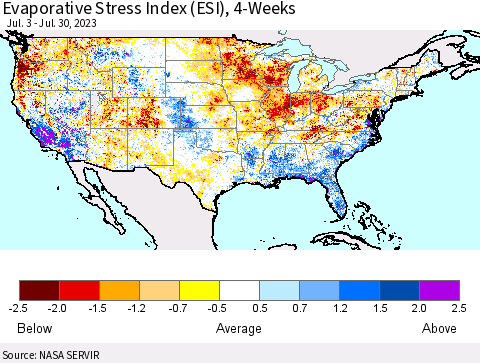 United States Evaporative Stress Index (ESI), 4-Weeks Thematic Map For 7/24/2023 - 7/30/2023