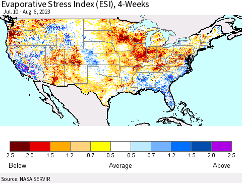 United States Evaporative Stress Index (ESI), 4-Weeks Thematic Map For 7/31/2023 - 8/6/2023