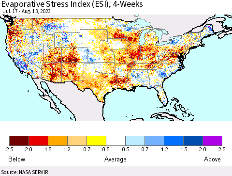 United States Evaporative Stress Index (ESI), 4-Weeks Thematic Map For 8/7/2023 - 8/13/2023