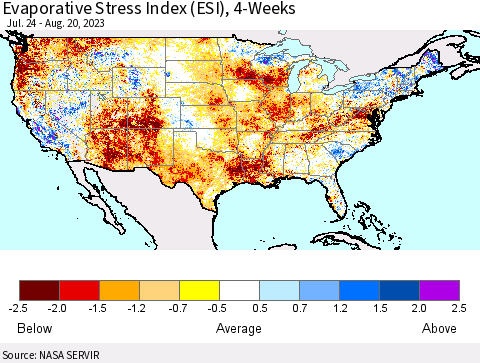 United States Evaporative Stress Index (ESI), 4-Weeks Thematic Map For 8/14/2023 - 8/20/2023