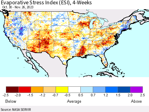 United States Evaporative Stress Index (ESI), 4-Weeks Thematic Map For 11/20/2023 - 11/26/2023
