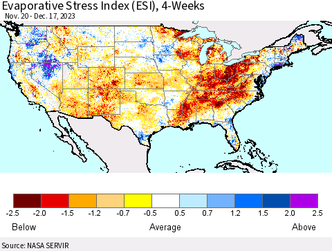 United States Evaporative Stress Index (ESI), 4-Weeks Thematic Map For 12/11/2023 - 12/17/2023