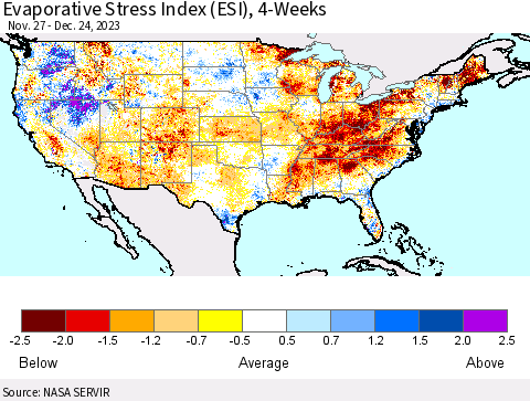 United States Evaporative Stress Index (ESI), 4-Weeks Thematic Map For 12/18/2023 - 12/24/2023