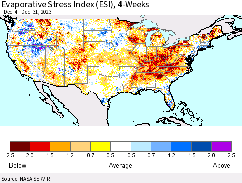 United States Evaporative Stress Index (ESI), 4-Weeks Thematic Map For 12/25/2023 - 12/31/2023