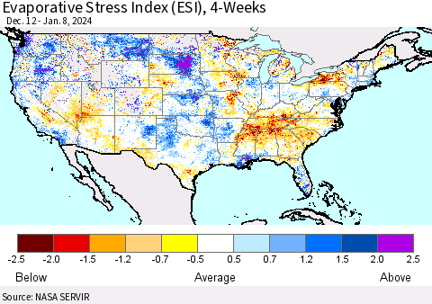 United States Evaporative Stress Index (ESI), 4-Weeks Thematic Map For 1/8/2024 - 1/14/2024