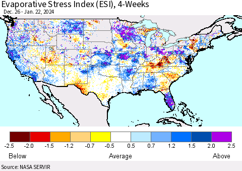 United States Evaporative Stress Index (ESI), 4-Weeks Thematic Map For 1/22/2024 - 1/28/2024