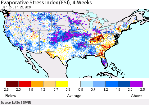 United States Evaporative Stress Index (ESI), 4-Weeks Thematic Map For 1/29/2024 - 2/4/2024
