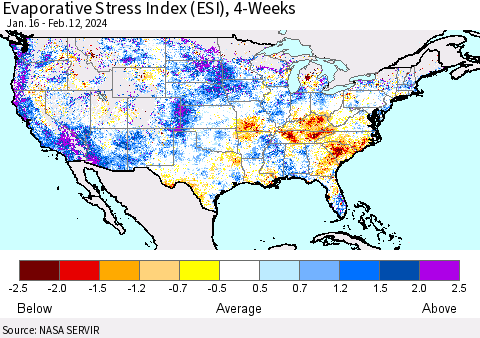 United States Evaporative Stress Index (ESI), 4-Weeks Thematic Map For 2/12/2024 - 2/18/2024