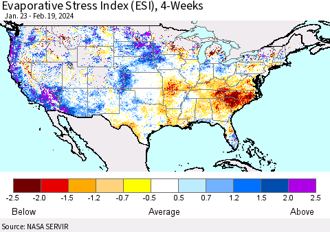 United States Evaporative Stress Index (ESI), 4-Weeks Thematic Map For 2/19/2024 - 2/25/2024