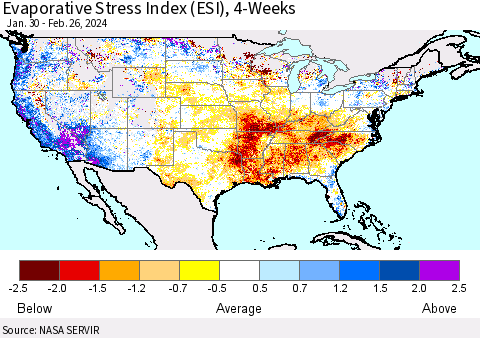 United States Evaporative Stress Index (ESI), 4-Weeks Thematic Map For 2/26/2024 - 3/3/2024