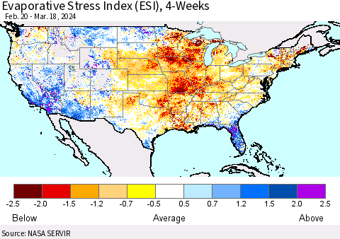 United States Evaporative Stress Index (ESI), 4-Weeks Thematic Map For 3/18/2024 - 3/24/2024