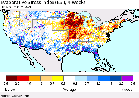 United States Evaporative Stress Index (ESI), 4-Weeks Thematic Map For 3/25/2024 - 3/31/2024