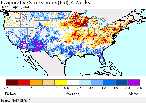 United States Evaporative Stress Index (ESI), 4-Weeks Thematic Map For 4/1/2024 - 4/7/2024