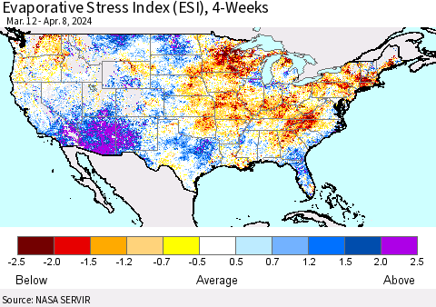 United States Evaporative Stress Index (ESI), 4-Weeks Thematic Map For 4/8/2024 - 4/14/2024