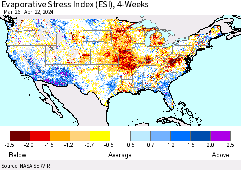 United States Evaporative Stress Index (ESI), 4-Weeks Thematic Map For 4/22/2024 - 4/28/2024