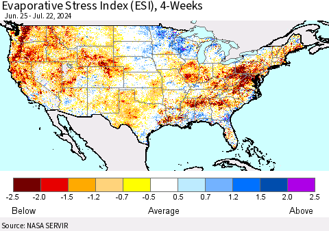 United States Evaporative Stress Index (ESI), 4-Weeks Thematic Map For 7/22/2024 - 7/28/2024