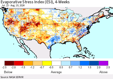 United States Evaporative Stress Index (ESI), 4-Weeks Thematic Map For 8/19/2024 - 8/25/2024