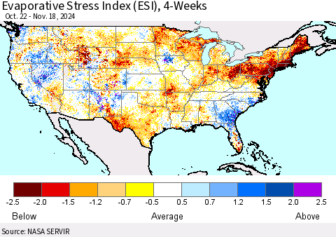 United States Evaporative Stress Index (ESI), 4-Weeks Thematic Map For 11/18/2024 - 11/24/2024