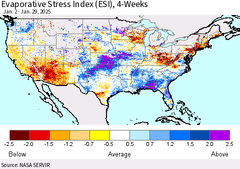 United States Evaporative Stress Index (ESI), 4-Weeks Thematic Map For 1/27/2025 - 2/2/2025