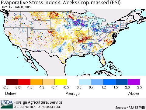 United States Evaporative Stress Index 4-Weeks Crop-masked (ESI) Thematic Map For 1/7/2019 - 1/13/2019