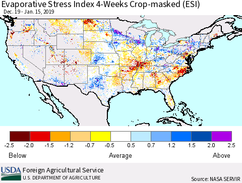 United States Evaporative Stress Index 4-Weeks Crop-masked (ESI) Thematic Map For 1/14/2019 - 1/20/2019