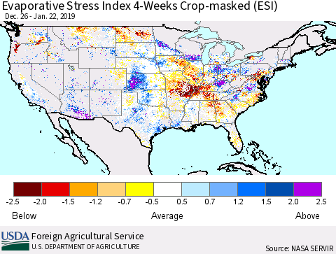 United States Evaporative Stress Index 4-Weeks Crop-masked (ESI) Thematic Map For 1/21/2019 - 1/27/2019