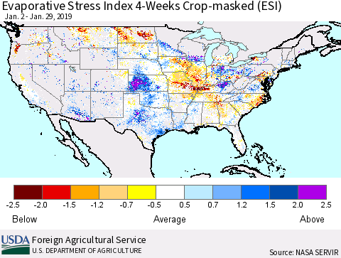 United States Evaporative Stress Index 4-Weeks Crop-masked (ESI) Thematic Map For 1/28/2019 - 2/3/2019