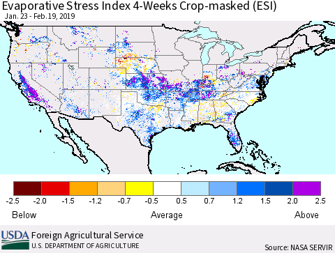 United States Evaporative Stress Index (ESI), 4-Weeks over Croplands Thematic Map For 2/18/2019 - 2/24/2019