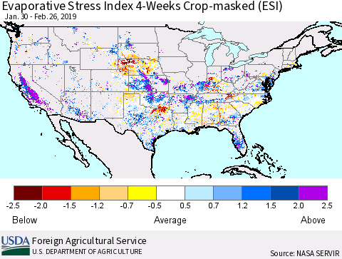 United States Evaporative Stress Index 4-Weeks Crop-masked (ESI) Thematic Map For 2/25/2019 - 3/3/2019