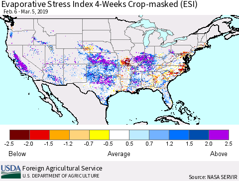 United States Evaporative Stress Index (ESI), 4-Weeks over Croplands Thematic Map For 3/4/2019 - 3/10/2019