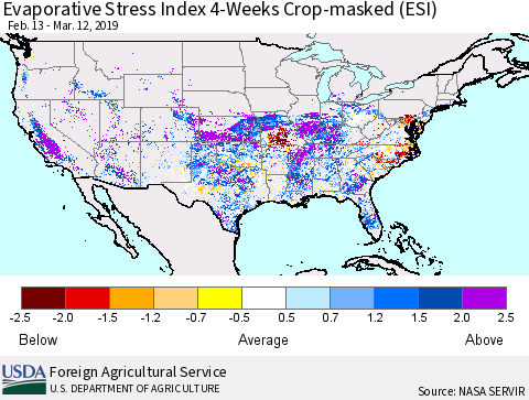 United States Evaporative Stress Index 4-Weeks Crop-masked (ESI) Thematic Map For 3/11/2019 - 3/17/2019