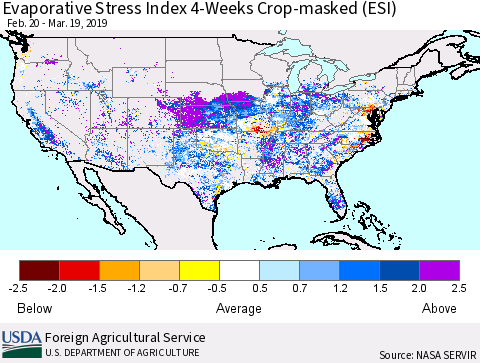 United States Evaporative Stress Index 4-Weeks Crop-masked (ESI) Thematic Map For 3/18/2019 - 3/24/2019