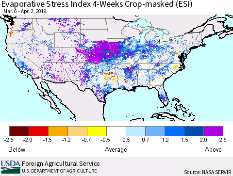 United States Evaporative Stress Index 4-Weeks Crop-masked (ESI) Thematic Map For 4/1/2019 - 4/7/2019