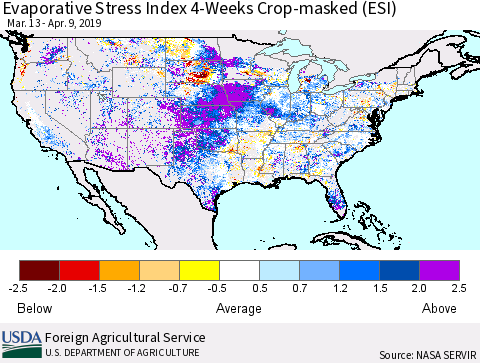 United States Evaporative Stress Index (ESI), 4-Weeks over Croplands Thematic Map For 4/8/2019 - 4/14/2019