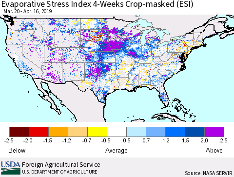 United States Evaporative Stress Index (ESI), 4-Weeks over Croplands Thematic Map For 4/15/2019 - 4/21/2019