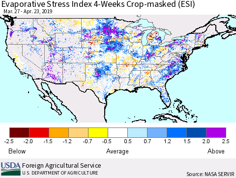 United States Evaporative Stress Index 4-Weeks Crop-masked (ESI) Thematic Map For 4/22/2019 - 4/28/2019