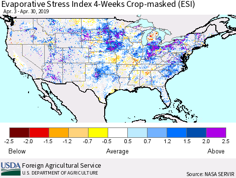 United States Evaporative Stress Index (ESI), 4-Weeks over Croplands Thematic Map For 4/29/2019 - 5/5/2019