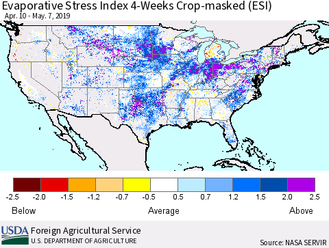 United States Evaporative Stress Index (ESI), 4-Weeks over Croplands Thematic Map For 5/6/2019 - 5/12/2019